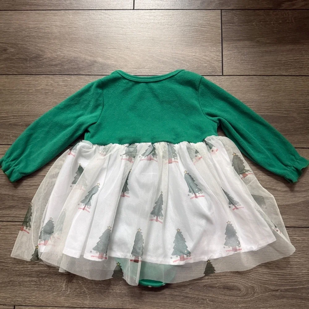 Green Christmas Tree Tutu Bodysuit Dress Long Sleeve Holiday 9-12 months